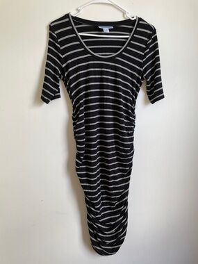 Small Motherhood Maternity Black and Gray Striped Midi Scoop-Neck Dress